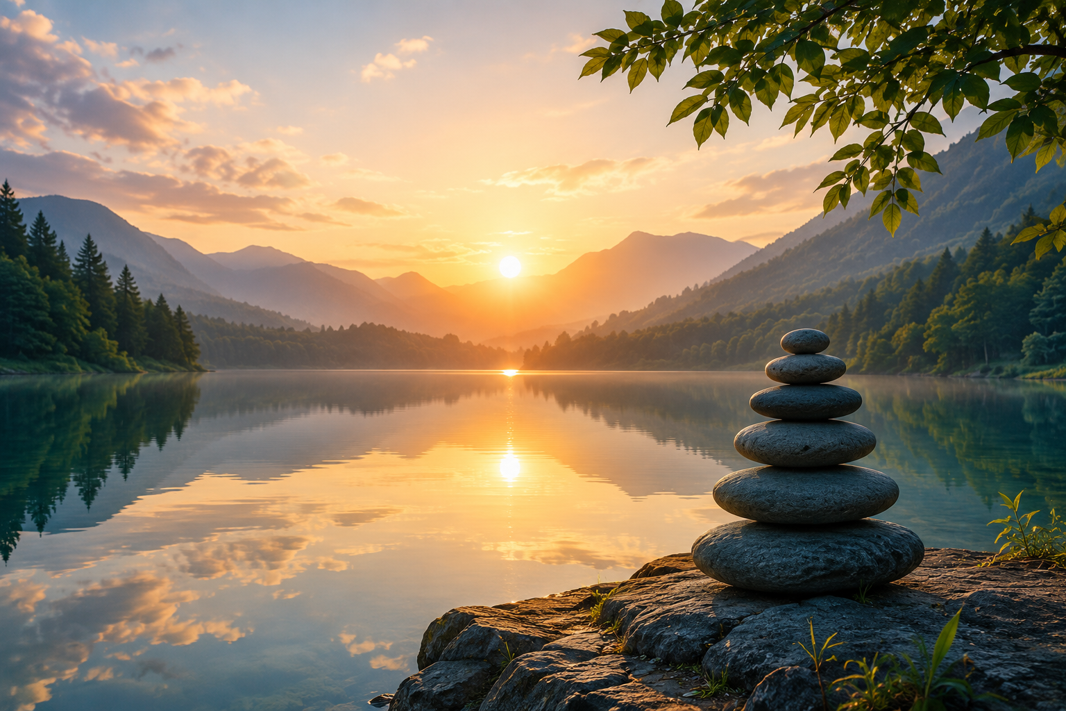 Peaceful mountain lake representing mindfulness and being present