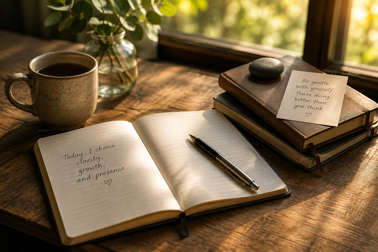 Journal and pen beside a cup of coffee in a peaceful morning setting